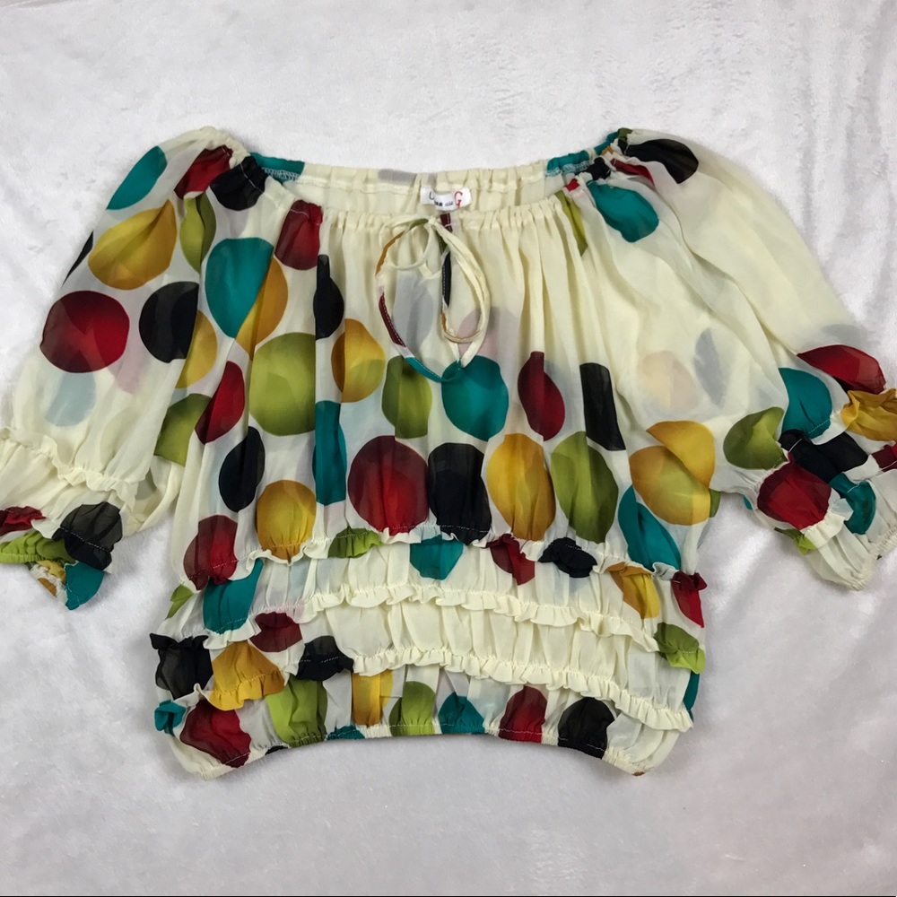 Umgee Beige Off Shoulder Top Multicolor Circles M